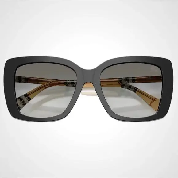 New Burberry Sunglasses Black Front Square Frame Checkered Arms Gray Lens Womens - Picture 3 of 7